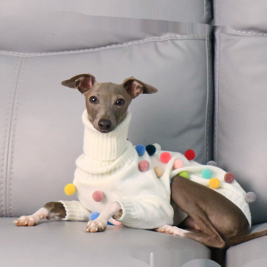 KFX-8345021 Cozy White Pom Pom Sweater for Italian Greyhounds and Whippets, Unisex Sizes S-3XL