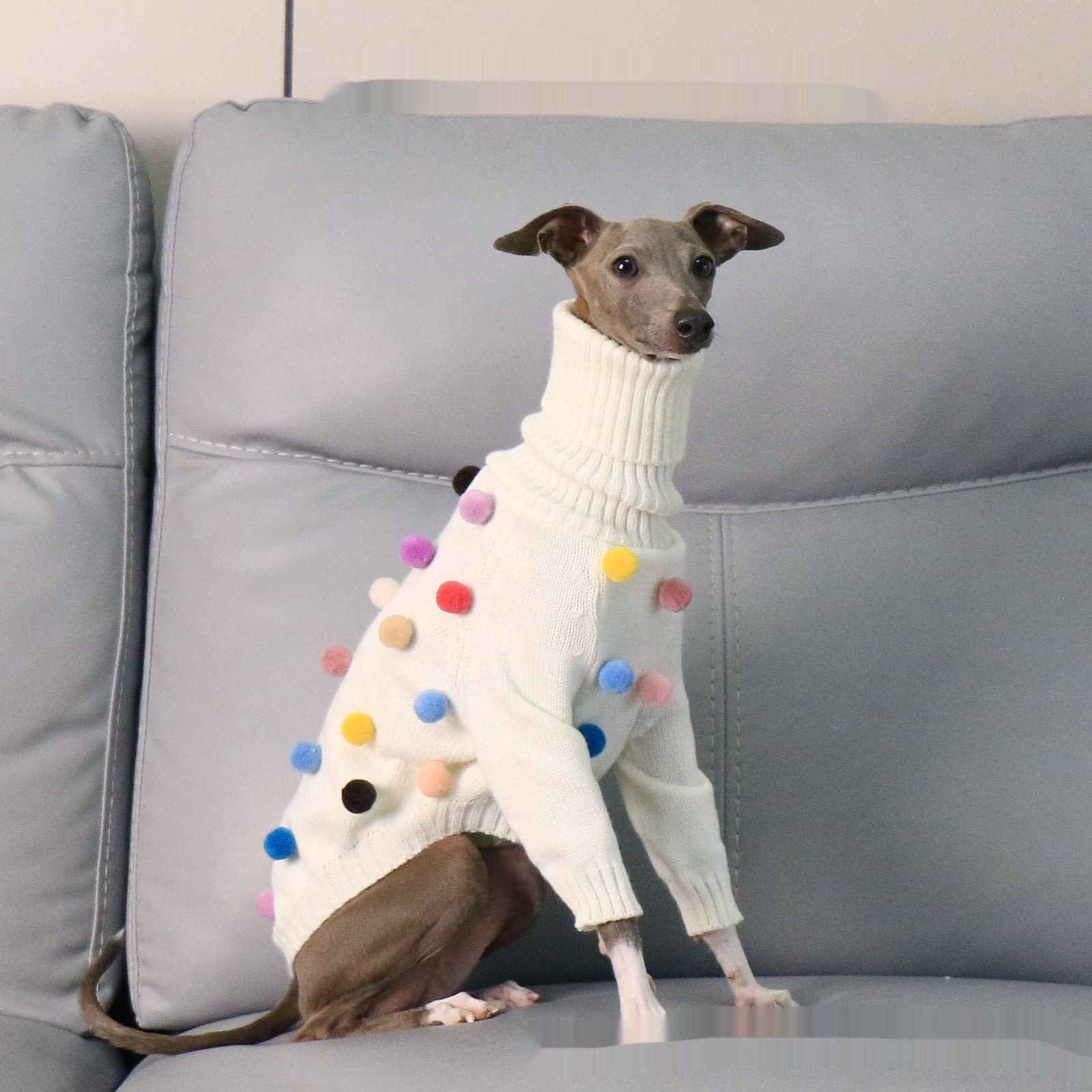 KFX-8345021 Cozy White Pom Pom Sweater for Italian Greyhounds and Whippets, Unisex Sizes S-3XL
