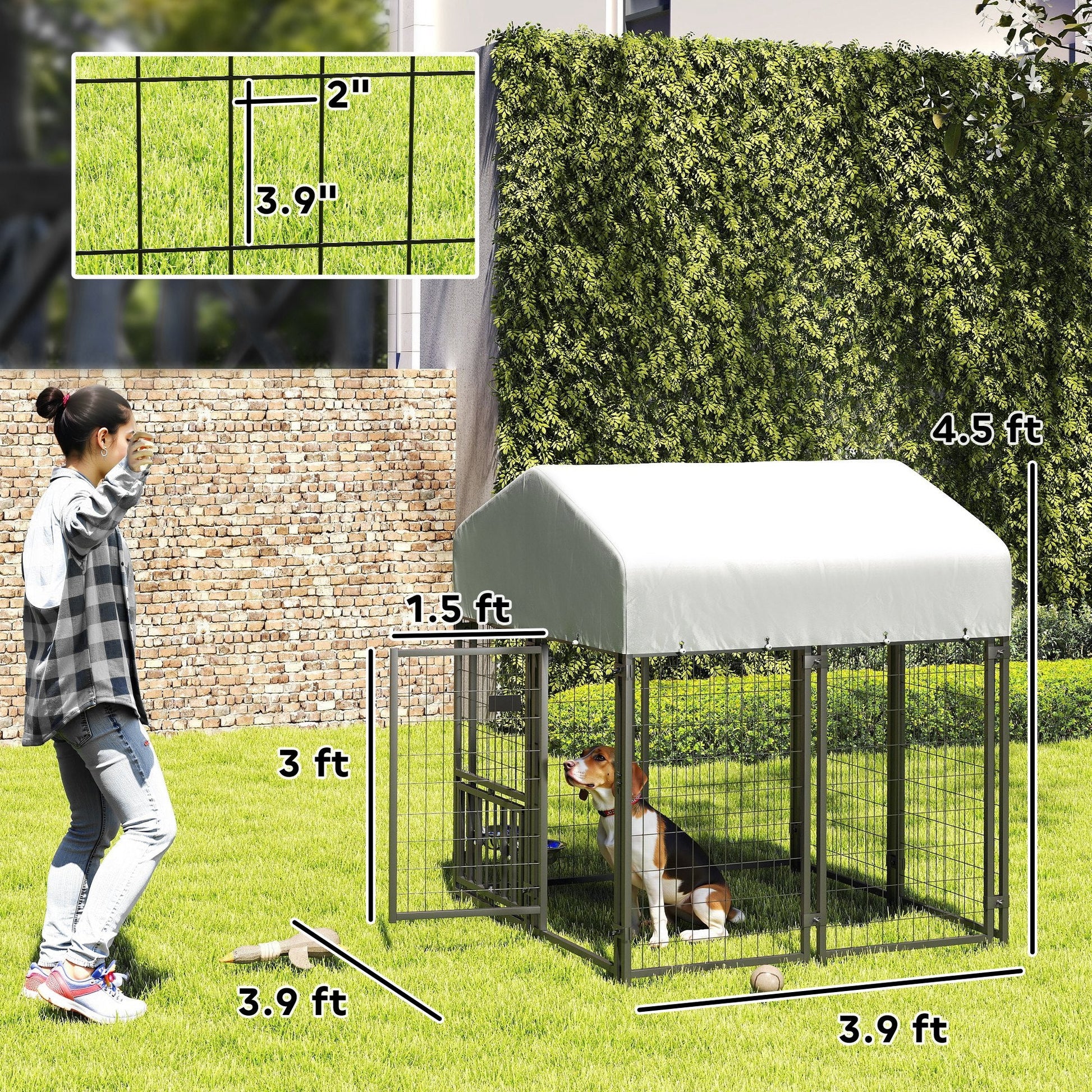 KFX-8348989 Outdoor Dog Kennel with Adjustable Bowl Racks and Waterproof Cover, 3.9' x 3.9' x 4.5'
