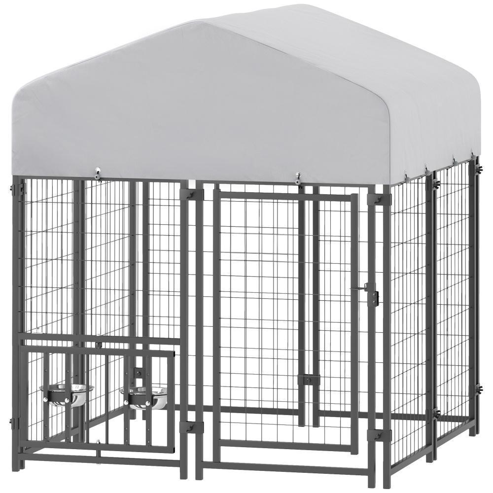 KFX-8348989 Outdoor Dog Kennel with Adjustable Bowl Racks and Waterproof Cover, 3.9' x 3.9' x 4.5'