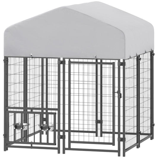 KFX-8348989 Outdoor Dog Kennel with Adjustable Bowl Racks and Waterproof Cover, 3.9' x 3.9' x 4.5'