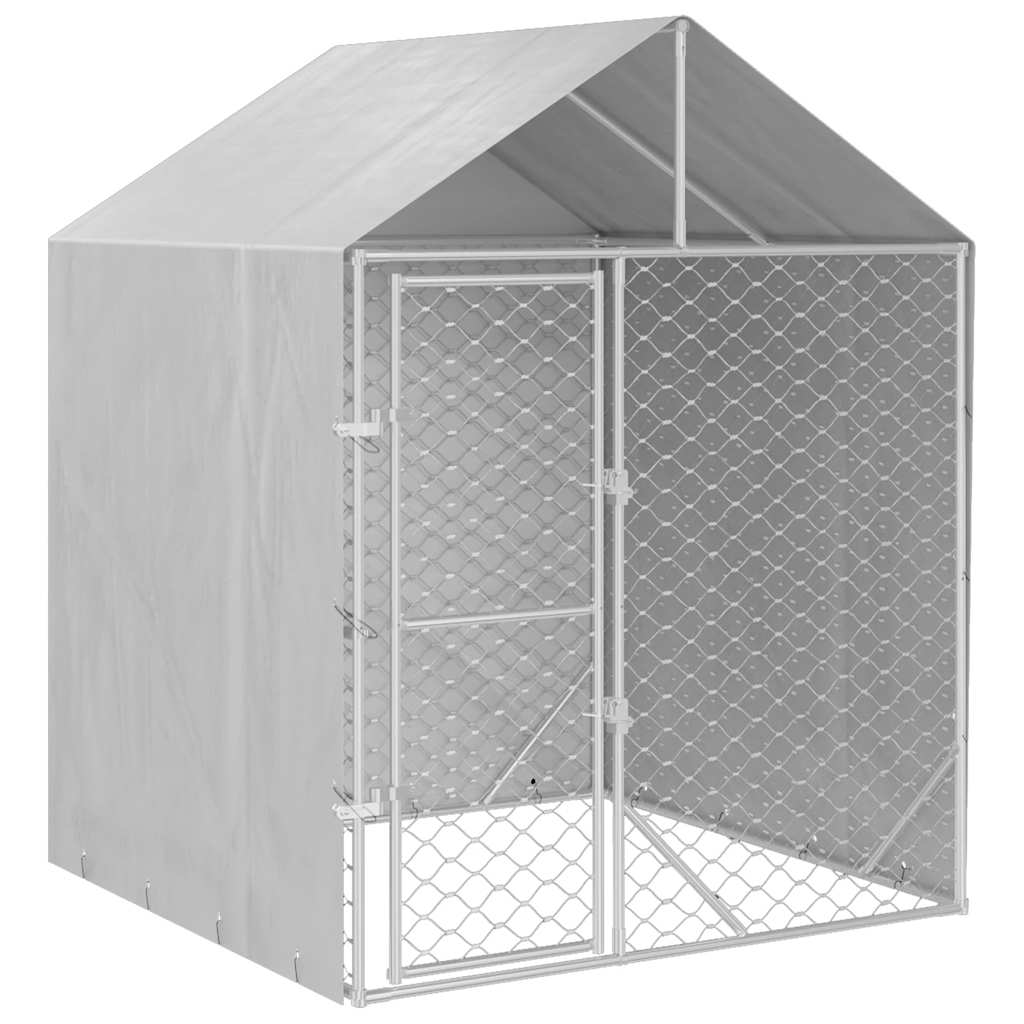 KFX-8350397 Spacious Outdoor Dog Kennel with Roof, Galvanized Steel, Silver, 2x2x2.5 m