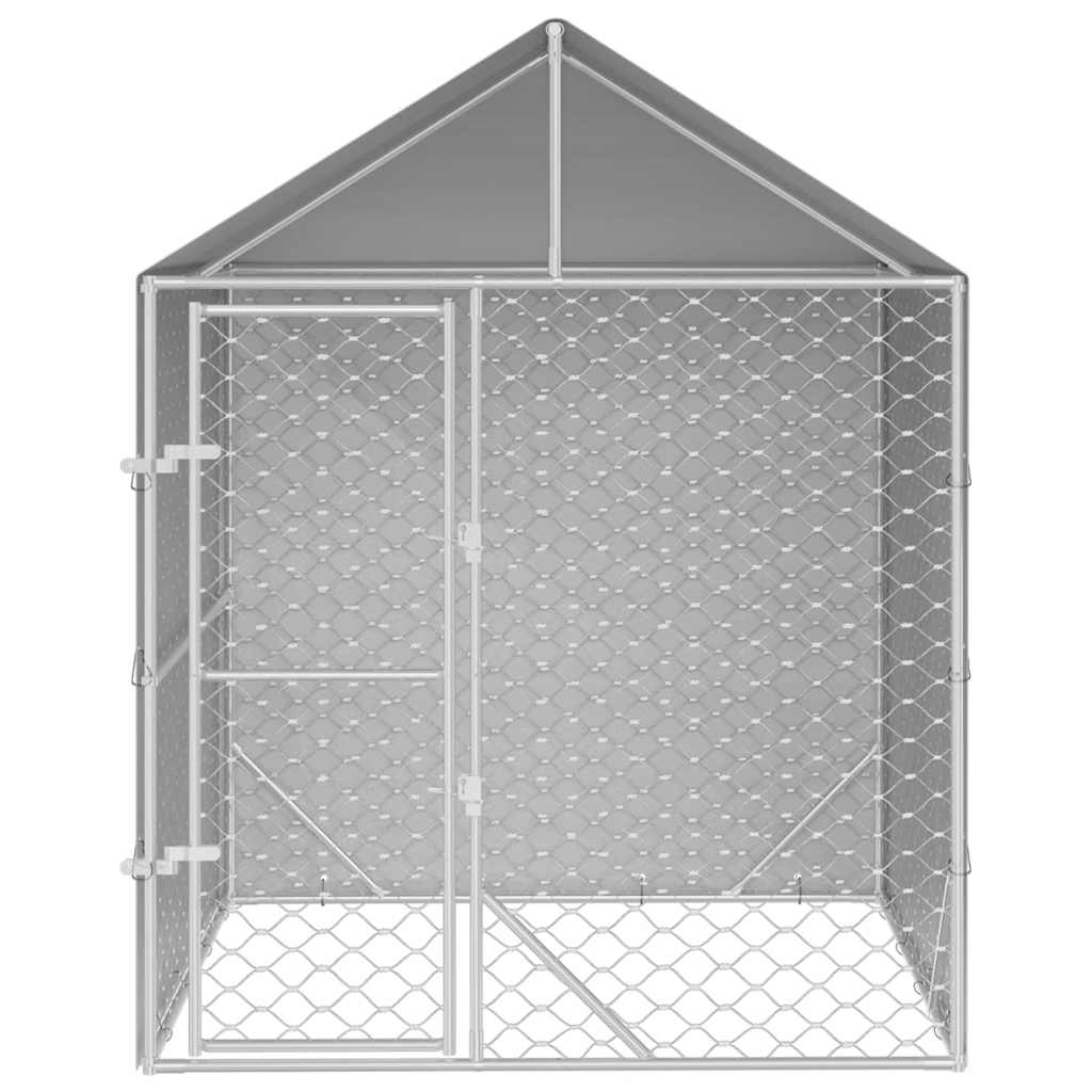 KFX-8350397 Spacious Outdoor Dog Kennel with Roof, Galvanized Steel, Silver, 2x2x2.5 m