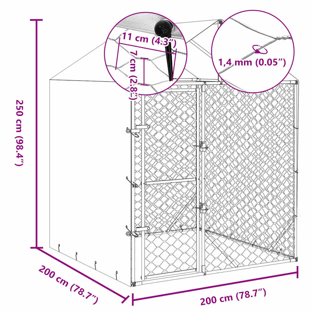 KFX-8350397 Spacious Outdoor Dog Kennel with Roof, Galvanized Steel, Silver, 2x2x2.5 m