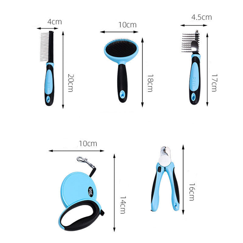 KFX-8350909 Complete Pet Grooming Kit with Nail Clippers, Traction Rope, and Combs in Blue and Pink