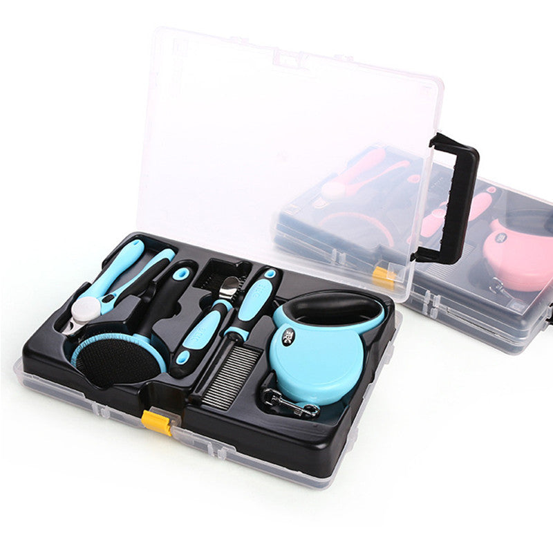 KFX-8350909 Complete Pet Grooming Kit with Nail Clippers, Traction Rope, and Combs in Blue and Pink