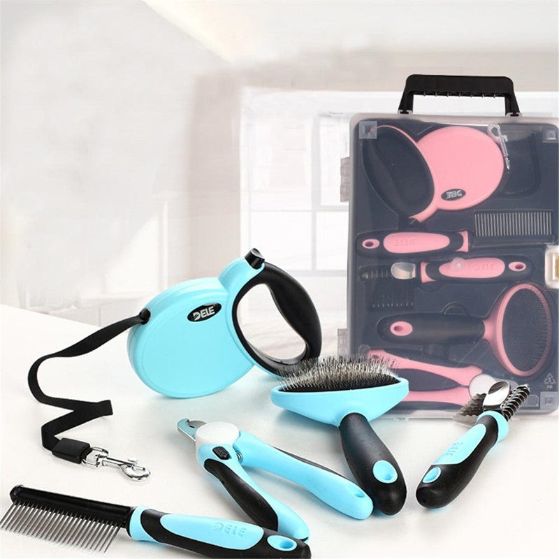 KFX-8350909 Complete Pet Grooming Kit with Nail Clippers, Traction Rope, and Combs in Blue and Pink