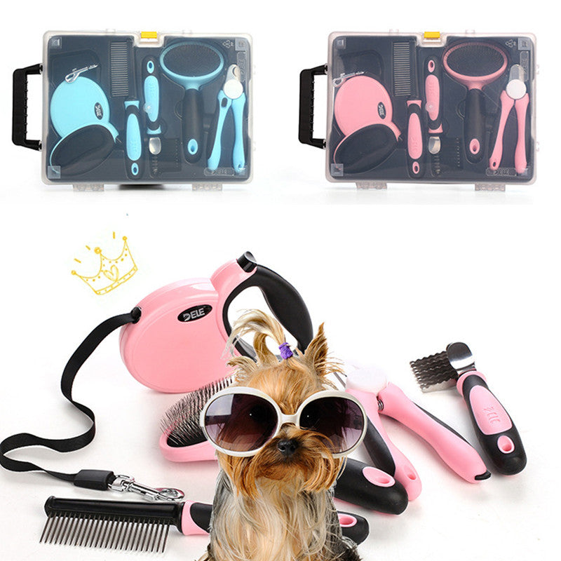 KFX-8350909 Complete Pet Grooming Kit with Nail Clippers, Traction Rope, and Combs in Blue and Pink