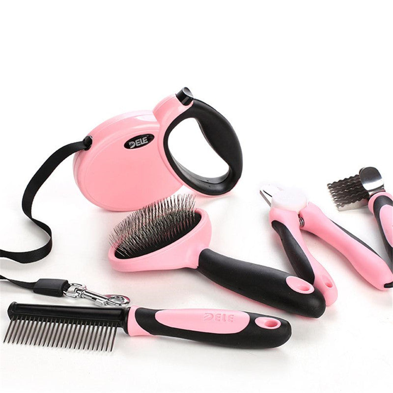 KFX-8350909 Complete Pet Grooming Kit with Nail Clippers, Traction Rope, and Combs in Blue and Pink