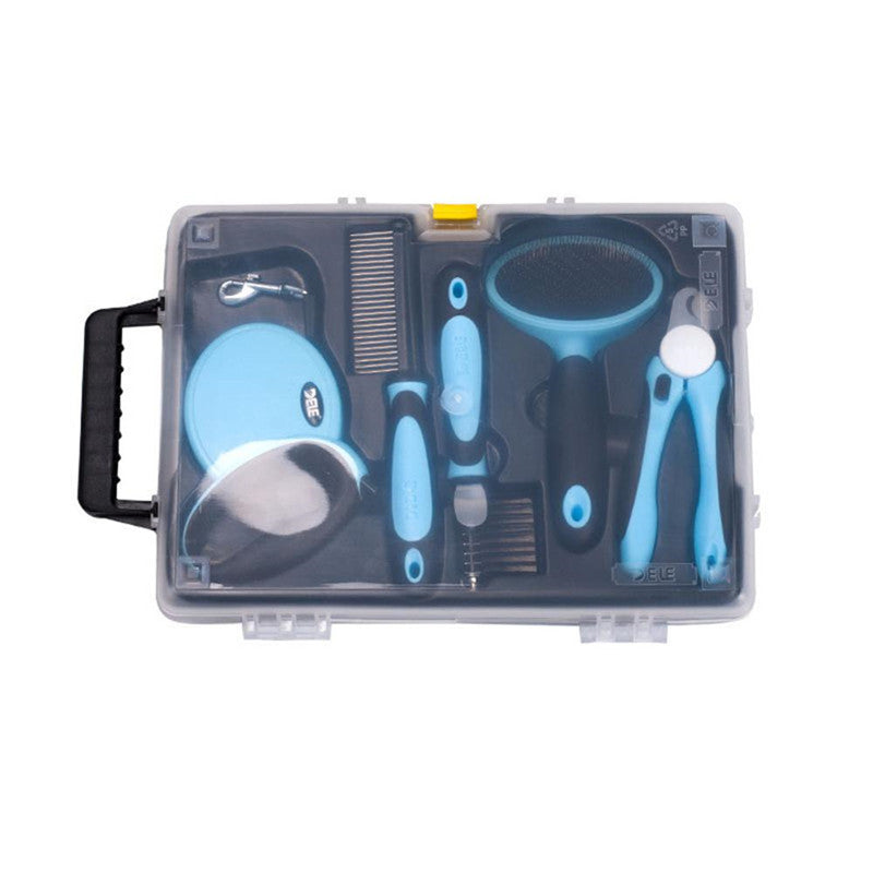 KFX-8350909 Complete Pet Grooming Kit with Nail Clippers, Traction Rope, and Combs in Blue and Pink