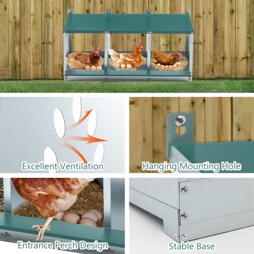 KFX-8352701 Galvanized Steel Metal Nesting Box for Hens, 3 Compartment Design, Easy to Assemble