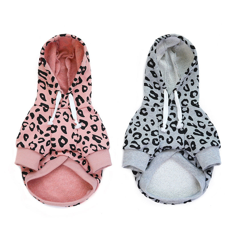 KFX-8356157 Leopard Print Hooded Pet Sweatshirt for Dogs, Soft Polyester in Gray and Pink, Sizes S-XXL