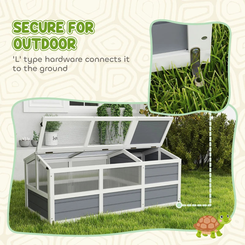 KFX-8360509 Wooden Tortoise Habitat with Bottomless Design, Doors, and Sun Panel Windows for Small Animals and Rabbits, Light Gray