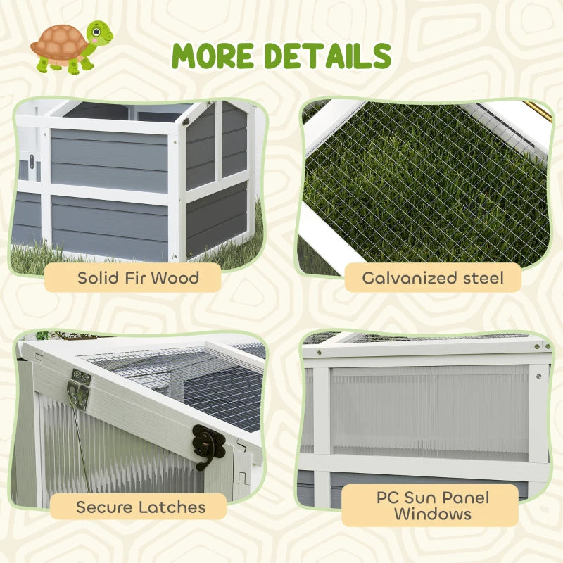 KFX-8360509 Wooden Tortoise Habitat with Bottomless Design, Doors, and Sun Panel Windows for Small Animals and Rabbits, Light Gray