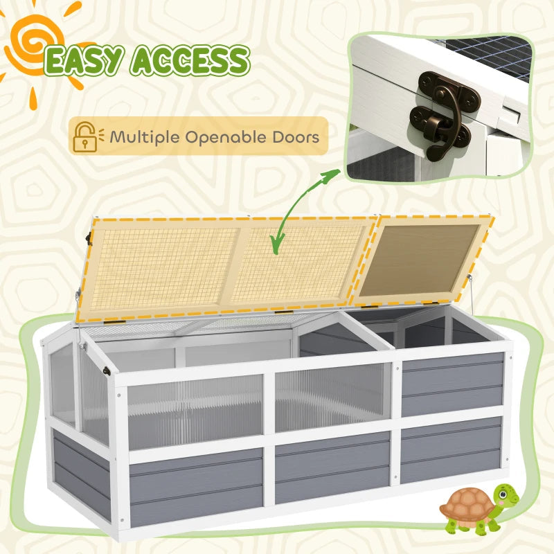 KFX-8360509 Wooden Tortoise Habitat with Bottomless Design, Doors, and Sun Panel Windows for Small Animals and Rabbits, Light Gray