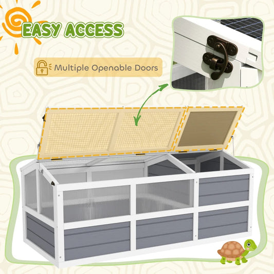 KFX-8360509 Wooden Tortoise Habitat with Bottomless Design, Doors, and Sun Panel Windows for Small Animals and Rabbits, Light Gray