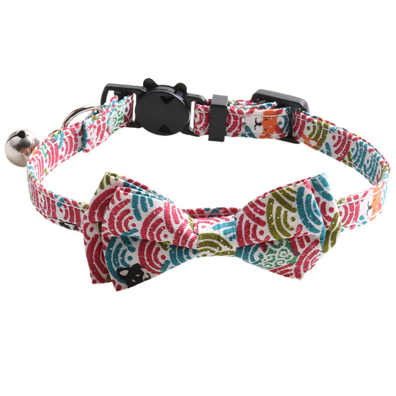 KFX-8364221 Japanese Style Cat Collar with Tang Grass Pattern and Bow Scarf Set