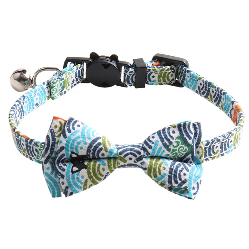 KFX-8364221 Japanese Style Cat Collar with Tang Grass Pattern and Bow Scarf Set