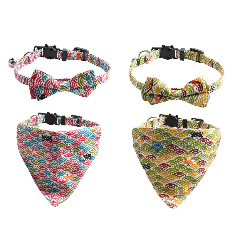 KFX-8364221 Japanese Style Cat Collar with Tang Grass Pattern and Bow Scarf Set