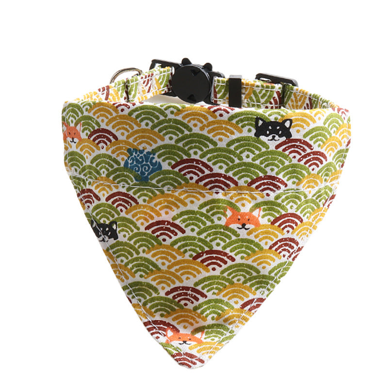KFX-8364221 Japanese Style Cat Collar with Tang Grass Pattern and Bow Scarf Set