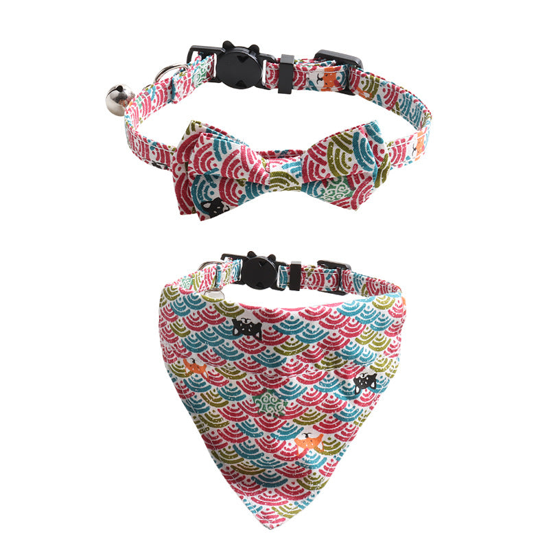 KFX-8364221 Japanese Style Cat Collar with Tang Grass Pattern and Bow Scarf Set