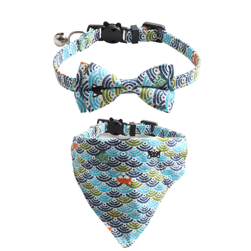 KFX-8364221 Japanese Style Cat Collar with Tang Grass Pattern and Bow Scarf Set