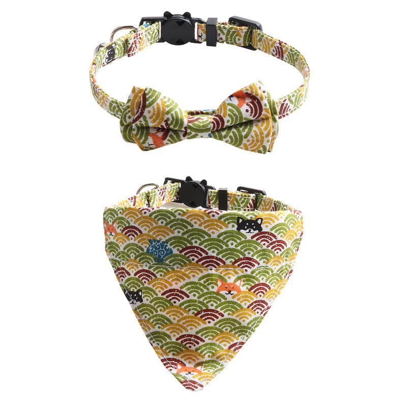 KFX-8364221 Japanese Style Cat Collar with Tang Grass Pattern and Bow Scarf Set