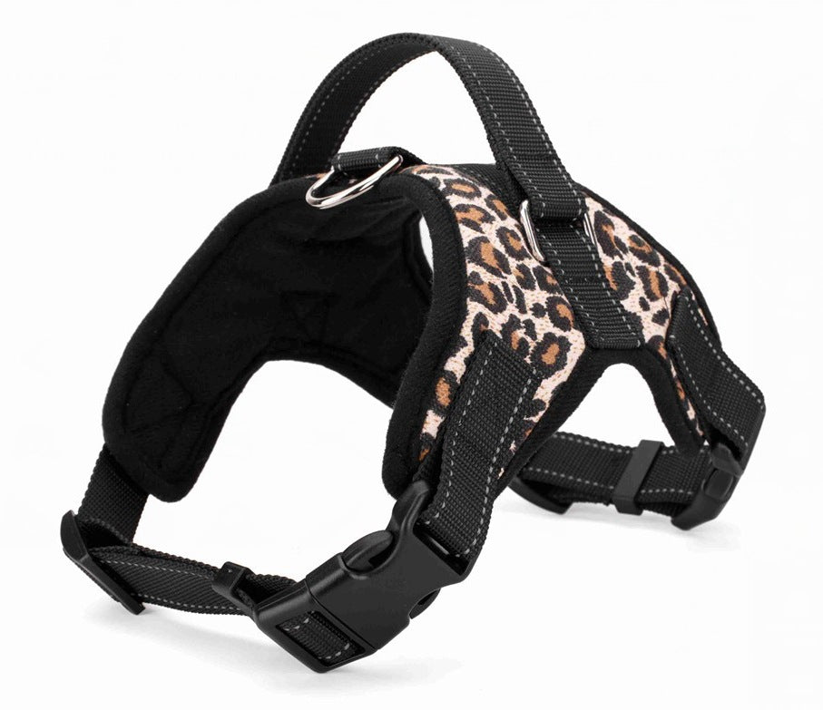 KFX-8365885 Explosion-Proof Leather Dog Harness with Trap Hand Holding Rope – Red, Black, Camouflage, Leopard Print, S-XXL