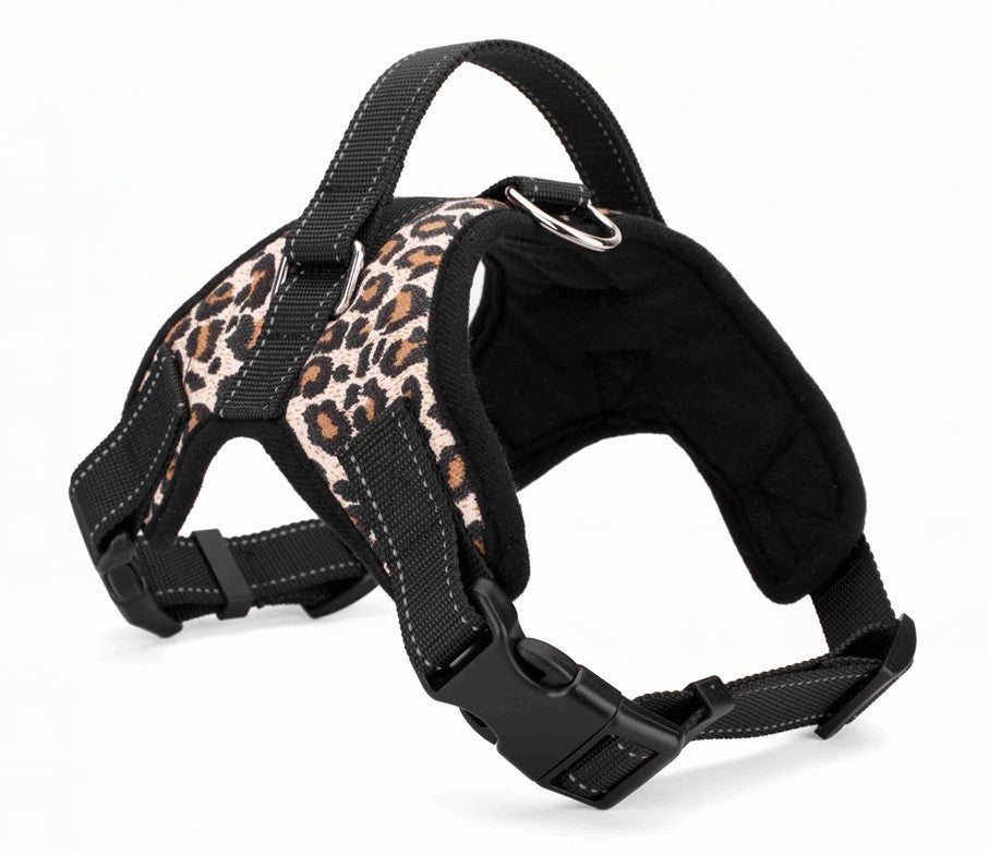 KFX-8365885 Explosion-Proof Leather Dog Harness with Trap Hand Holding Rope – Red, Black, Camouflage, Leopard Print, S-XXL