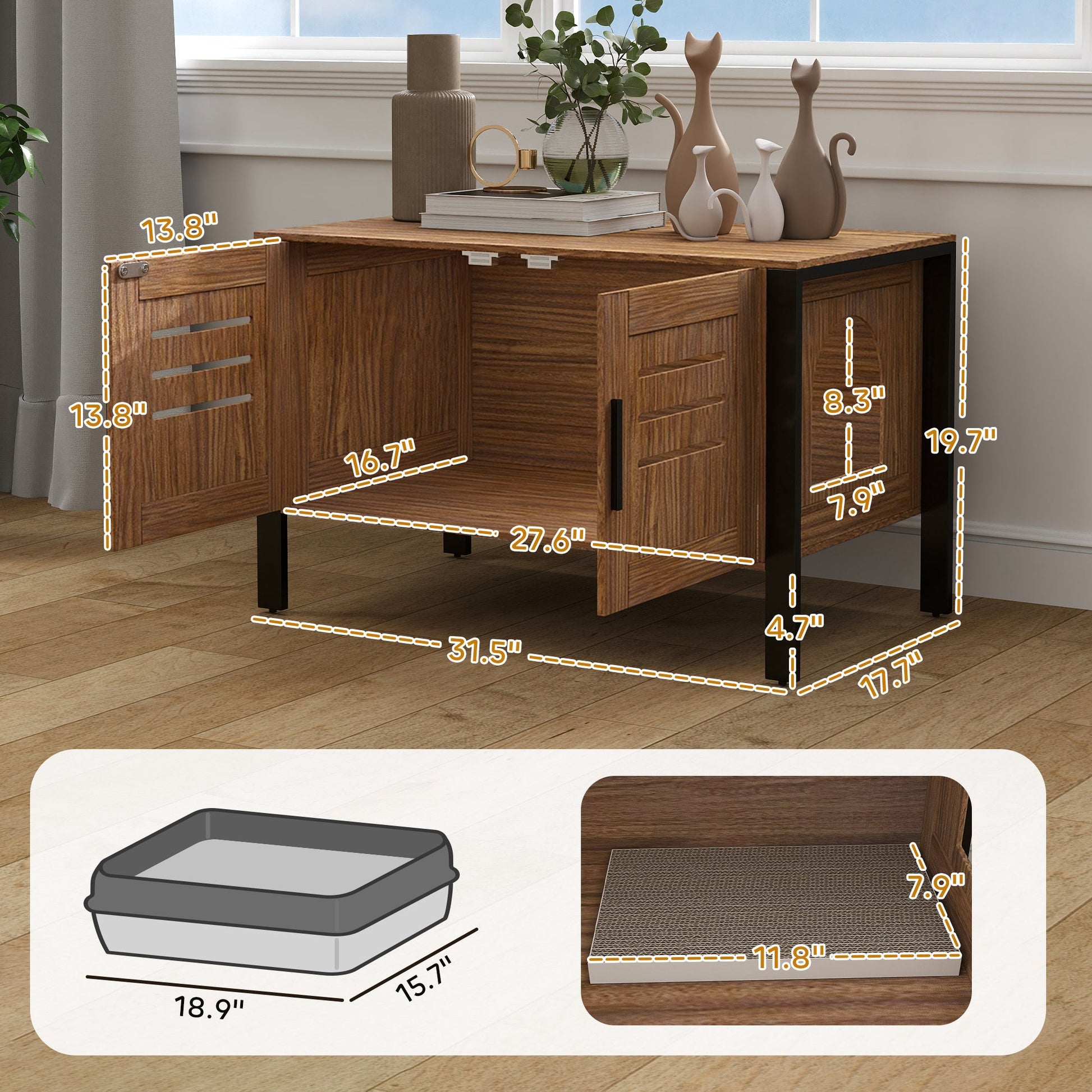KFX-8368061 Cat Litter Box Enclosure with Scratching Board and Tall Legs, Dark Brown, 31.5"L x 17.7"W x 19.7"H
