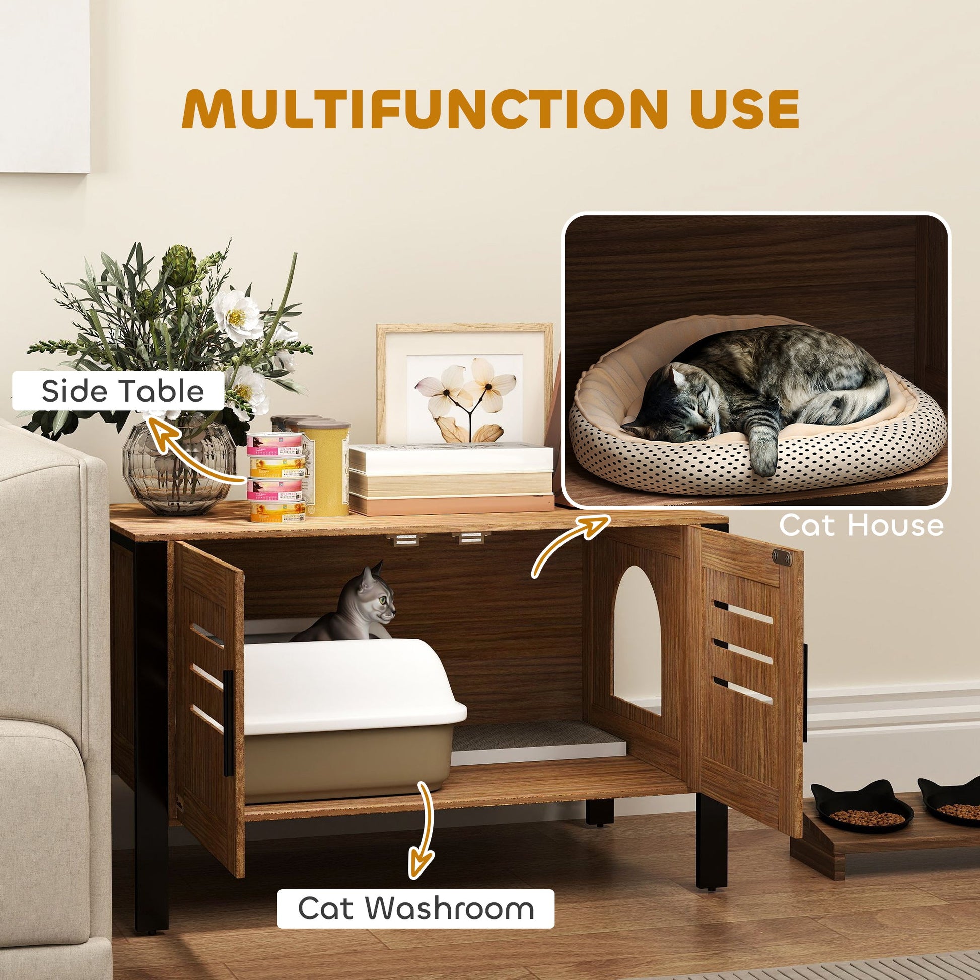 KFX-8368061 Cat Litter Box Enclosure with Scratching Board and Tall Legs, Dark Brown, 31.5"L x 17.7"W x 19.7"H