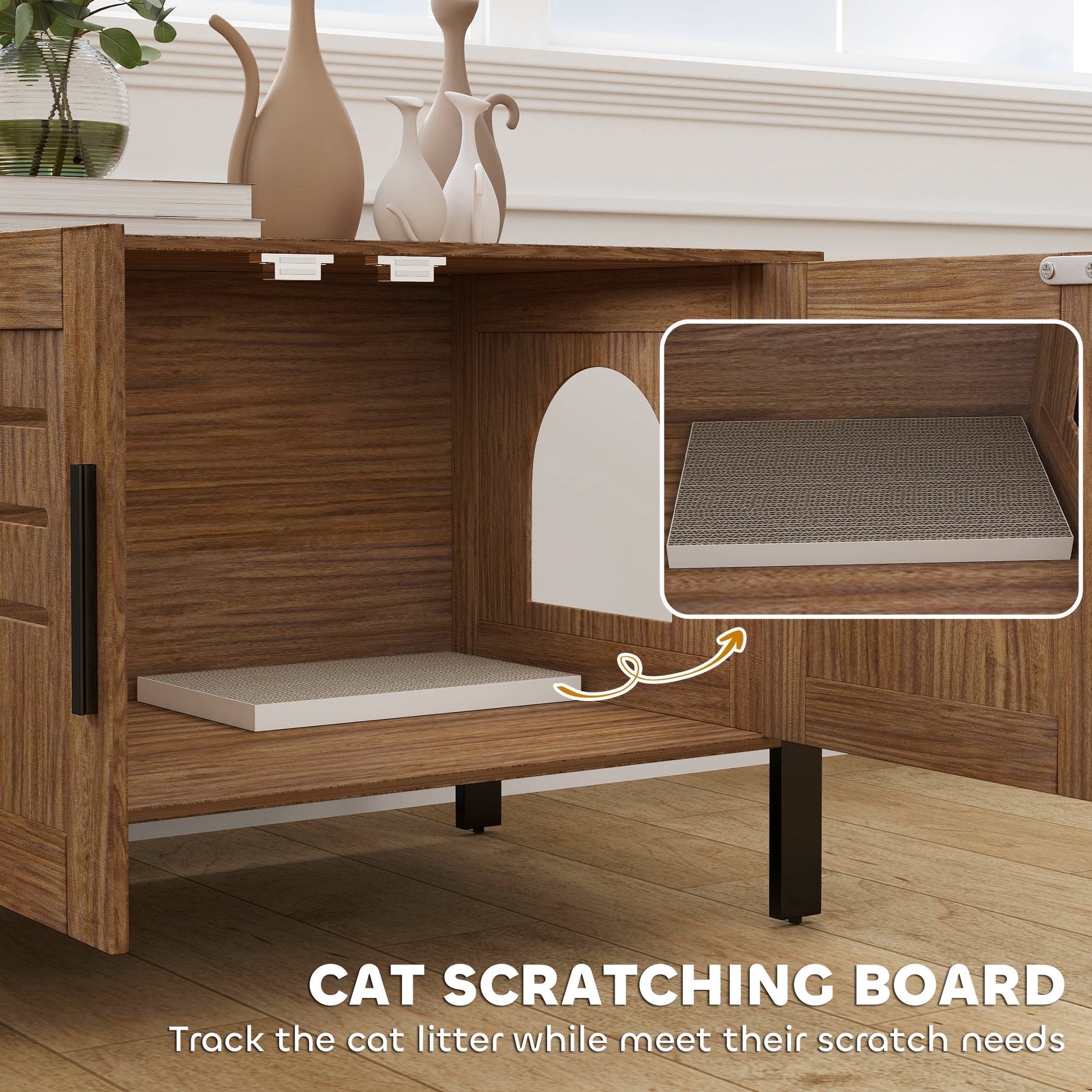 KFX-8368061 Cat Litter Box Enclosure with Scratching Board and Tall Legs, Dark Brown, 31.5"L x 17.7"W x 19.7"H