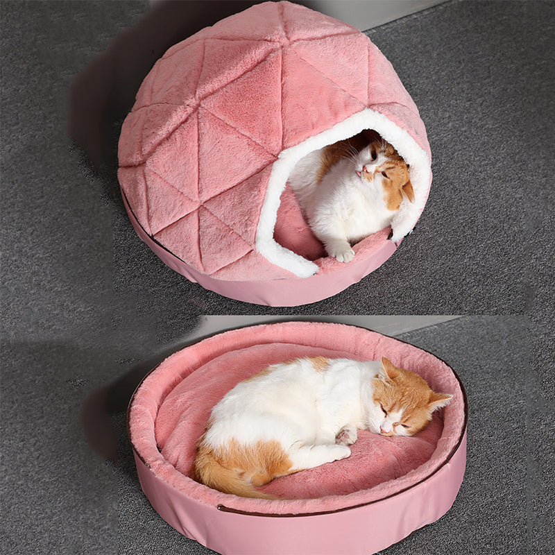 KFX-8382909 Cotton Semi-Enclosed Tent Bed for Small Pets in Brown and Pink - Hand Washable