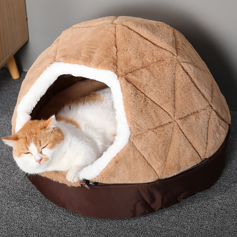 KFX-8382909 Cotton Semi-Enclosed Tent Bed for Small Pets in Brown and Pink - Hand Washable