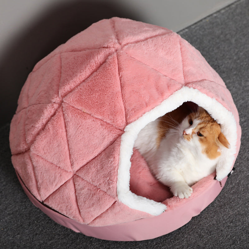 KFX-8382909 Cotton Semi-Enclosed Tent Bed for Small Pets in Brown and Pink - Hand Washable