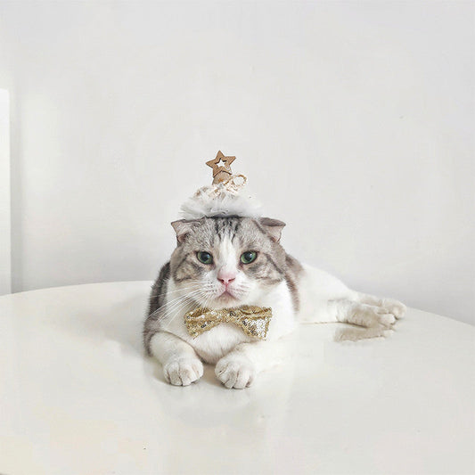 KFX-8386109 Sparkling Cat Birthday Hat Set with Bow Tie - Silver & Gold Stars