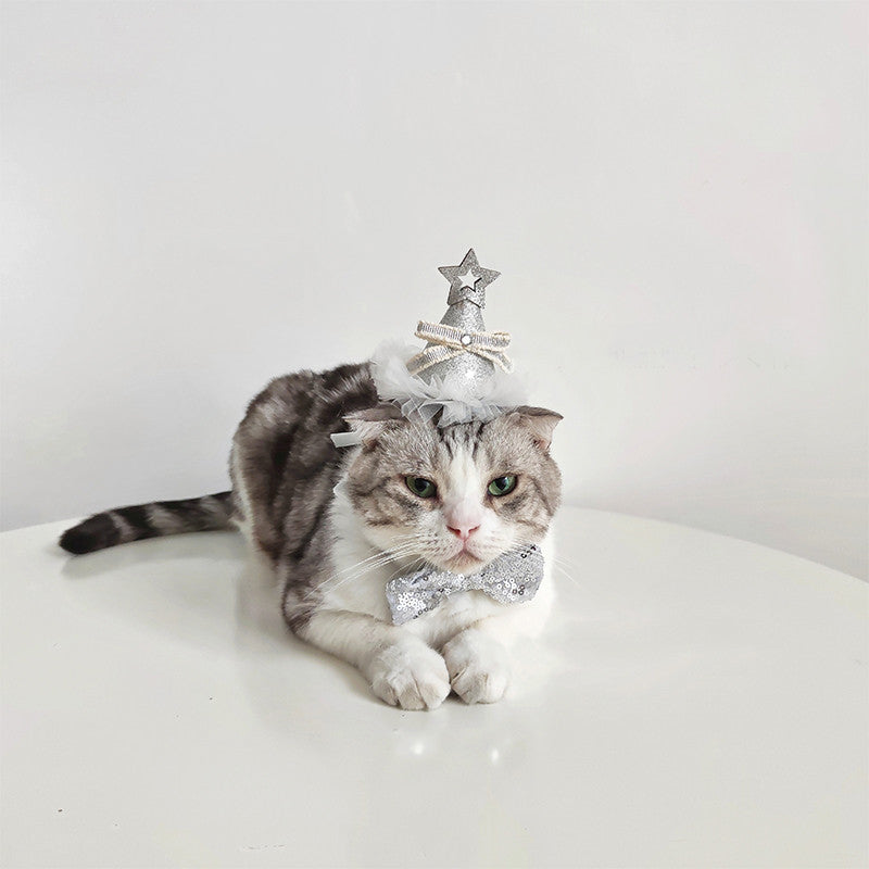 KFX-8386109 Sparkling Cat Birthday Hat Set with Bow Tie - Silver & Gold Stars