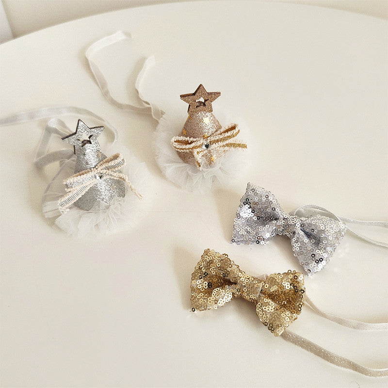 KFX-8386109 Sparkling Cat Birthday Hat Set with Bow Tie - Silver & Gold Stars