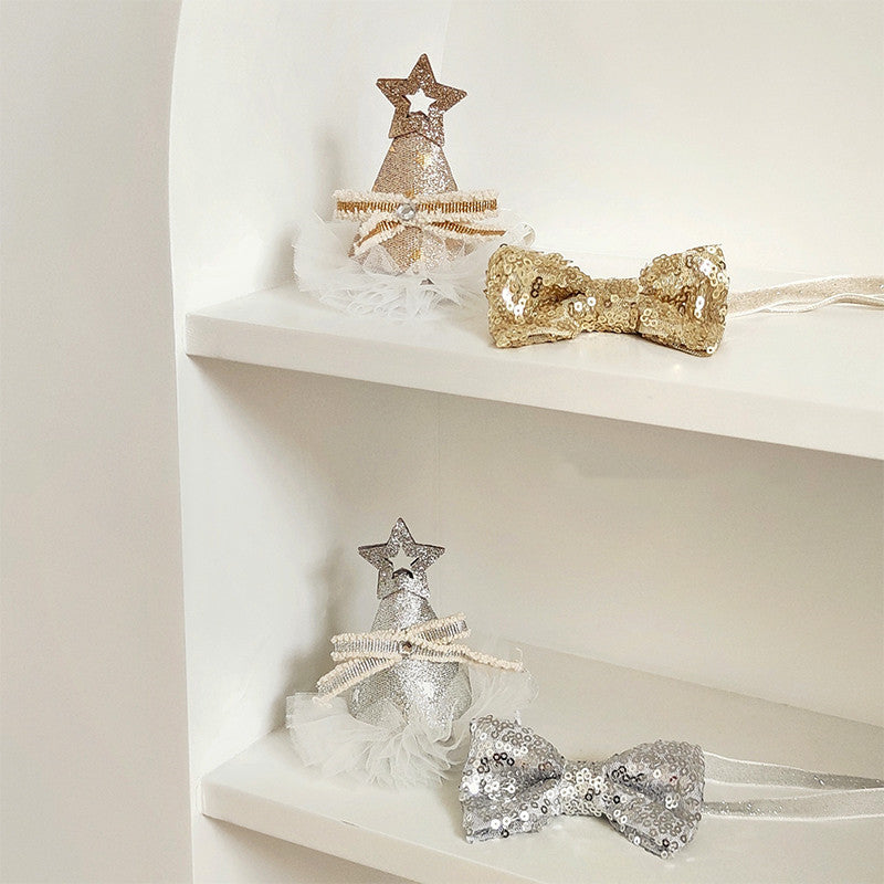 KFX-8386109 Sparkling Cat Birthday Hat Set with Bow Tie - Silver & Gold Stars
