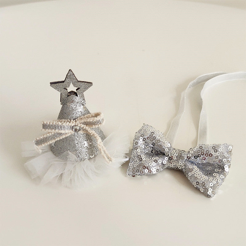 KFX-8386109 Sparkling Cat Birthday Hat Set with Bow Tie - Silver & Gold Stars