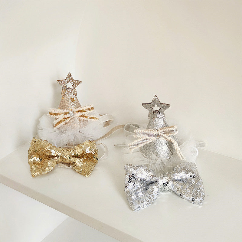 KFX-8386109 Sparkling Cat Birthday Hat Set with Bow Tie - Silver & Gold Stars