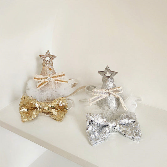 KFX-8386109 Sparkling Cat Birthday Hat Set with Bow Tie - Silver & Gold Stars