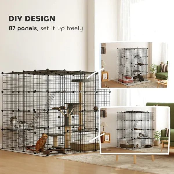 KFX-8387517 55-Inch Detachable Indoor Cat Cage with Multi-Level Platforms, Ramps, and Accessory Options for 1-3 Cats