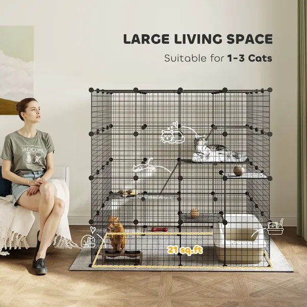 KFX-8387517 55-Inch Detachable Indoor Cat Cage with Multi-Level Platforms, Ramps, and Accessory Options for 1-3 Cats