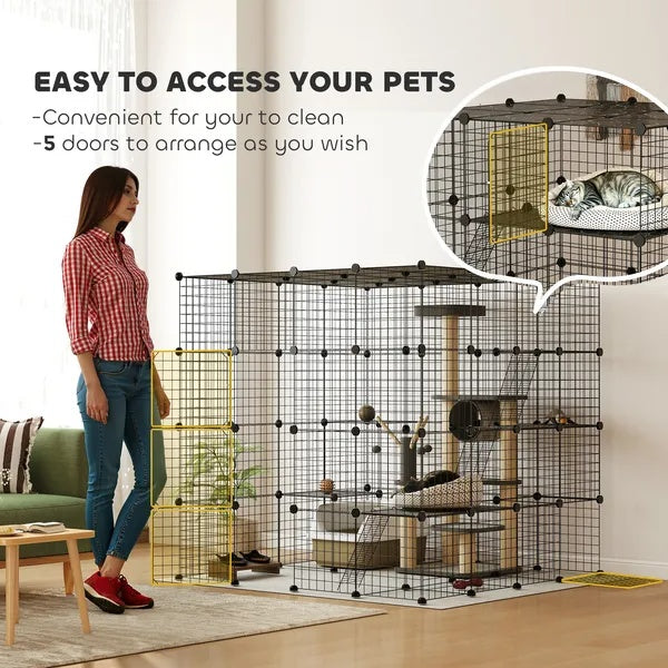 KFX-8387517 55-Inch Detachable Indoor Cat Cage with Multi-Level Platforms, Ramps, and Accessory Options for 1-3 Cats