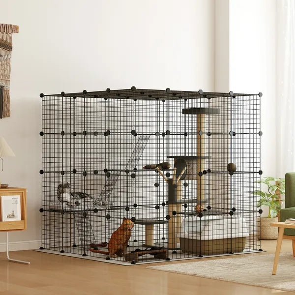 KFX-8387517 55-Inch Detachable Indoor Cat Cage with Multi-Level Platforms, Ramps, and Accessory Options for 1-3 Cats