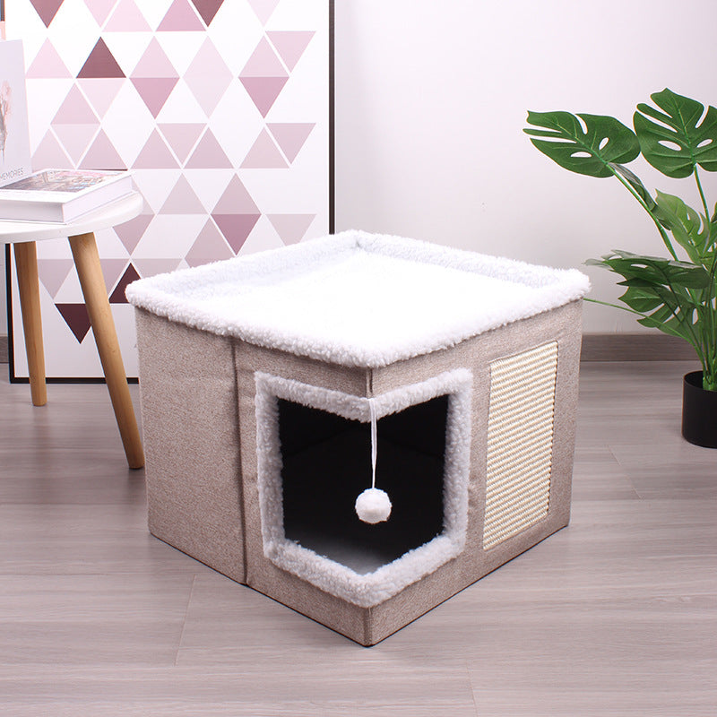 KFX-8393661 Foldable Cloth Cube Cat Nest in Khaki Beige, Navy Blue, and Gray - Comfortable Right Angle Design for Cats and Dogs
