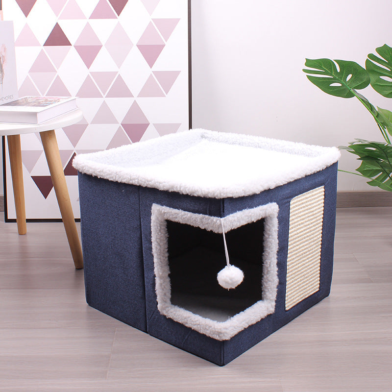KFX-8393661 Foldable Cloth Cube Cat Nest in Khaki Beige, Navy Blue, and Gray - Comfortable Right Angle Design for Cats and Dogs