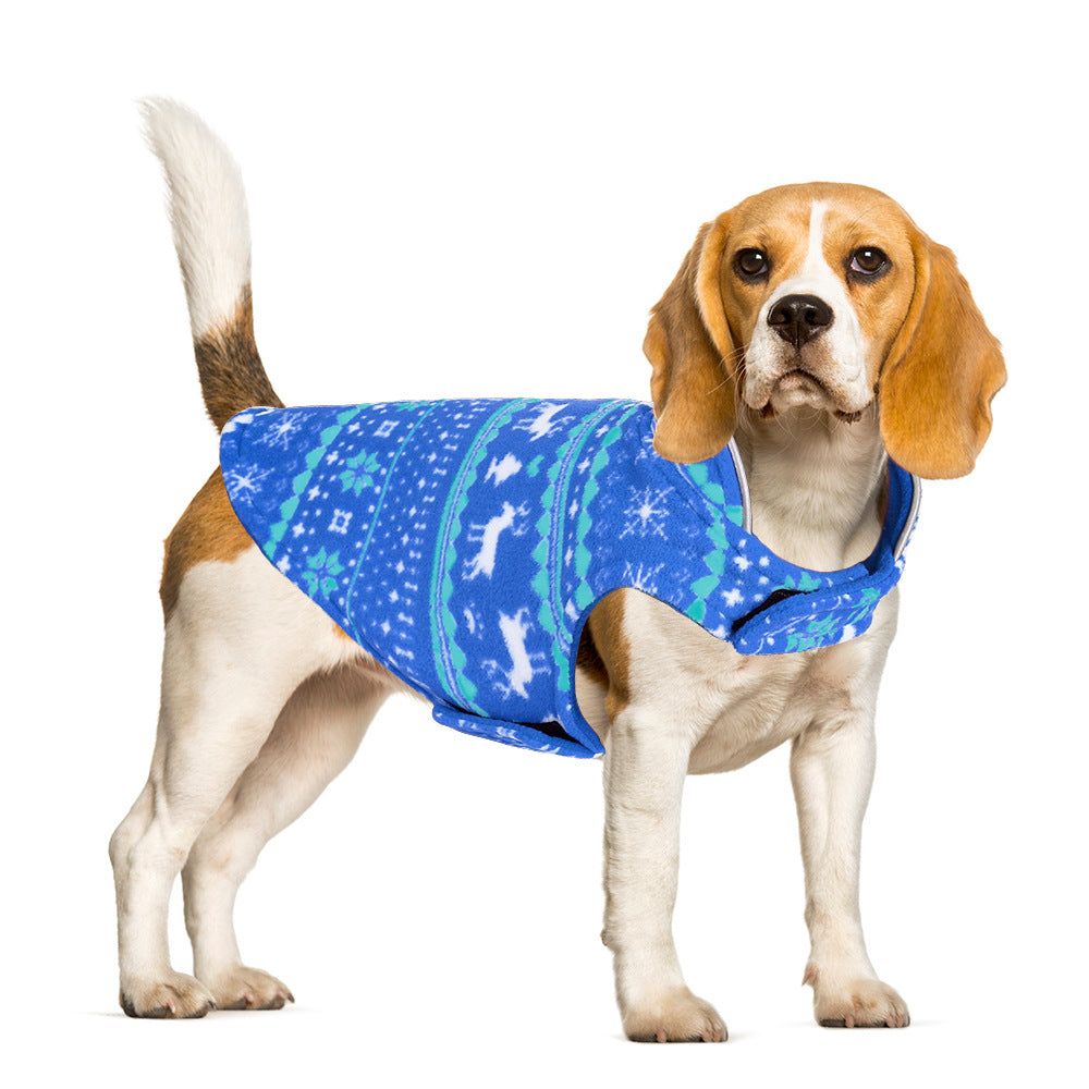 KFX-8397757 Double-Sided Christmas Polar Fleece Dog Jacket in Blue and Red, Sizes XS to XXL
