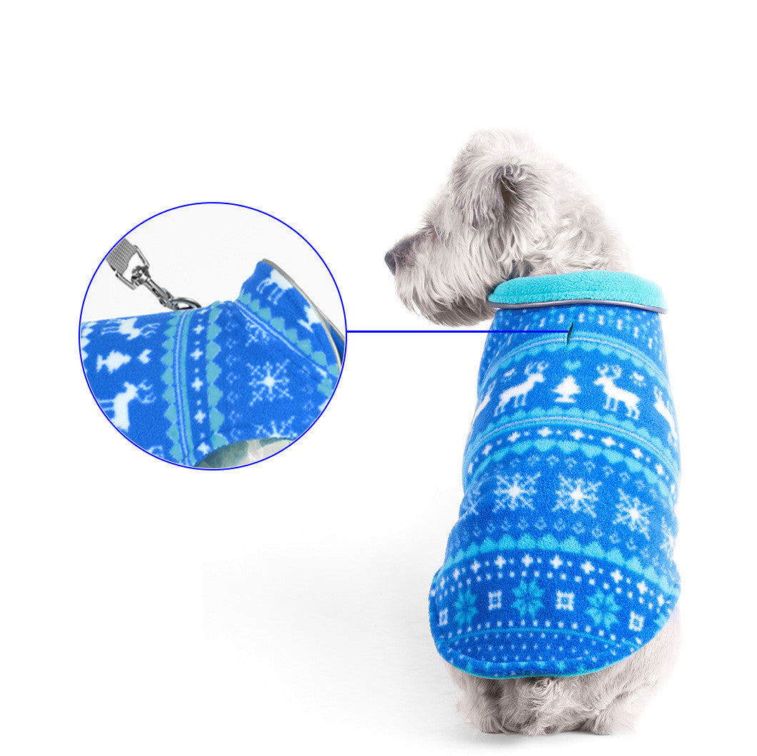 KFX-8397757 Double-Sided Christmas Polar Fleece Dog Jacket in Blue and Red, Sizes XS to XXL